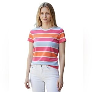 Tommy Hilfiger Preppy Short Sleeve Crewneck Tee w Pink Orange Blue Stripes XXS